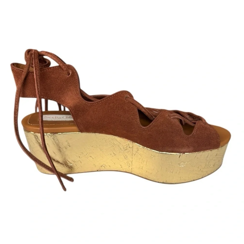 See By Chloe Liana Lace Up Platform Sandals Honey Gum Brown & Gold  Size: 38